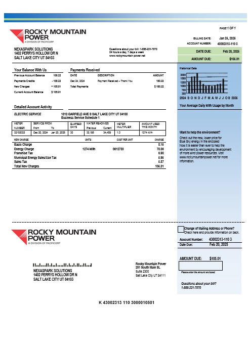 USA Utah Rocky Mountain Power electricity business utility bill template in Word and PDF formats